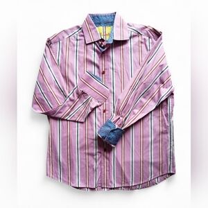 Robert Graham Men's Pink Striped Long Sleeve Shirt Blue Lining Collar Cuffs